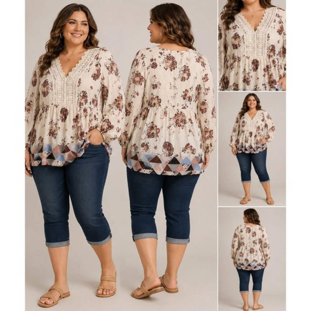 Mauricesā Top Womens 0X Cream Floral Lace V-Neck Babydoll Boho Cottagecore NWT